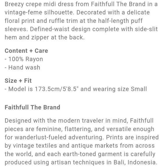 Faithfull The Brand Jea Marie Puff Sleeve Feminine Midi Sundress Dress Sz Small - Picture 16 of 16